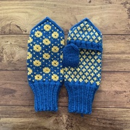 北歐傳統圖案 帶蓋連指手套 藍色芥末黃