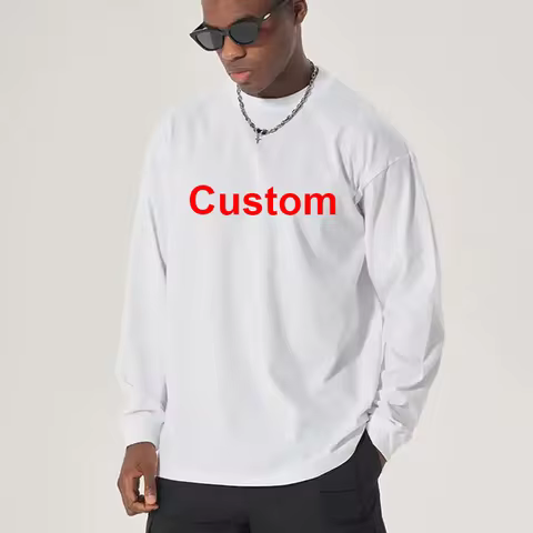 DIY LOGO Custom 300GSM 100% Cotton Heavyweight Autumn Long Sleeves T Shirt for Men Shirt O-Neck Whit