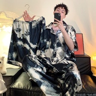 Big Guy300Plus Size Men's Pajamas Spring Summer Short Sleeve Shorts Long Pants Ice Silk Turn-down Co