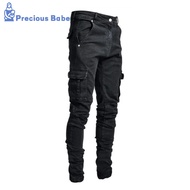 Multi Pockets Men Jeans Solid Color Denim Mid Waist Stretchy Skinny Jeans Trousers Denim Pants Zippe