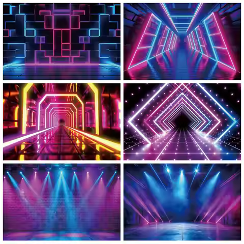 Neon Lights Birthday Backdrop Futuristic Electronic Style 80's 90's Disco Rock Stage Movies Gaming A