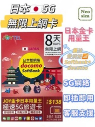 日本 全網通金卡【8日 8GB FUP】5G 極高速 無限數據卡 上網卡 電話卡 旅行電話咭 Data Sim咭