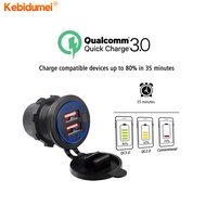 Kebidumei 12V/24V Dual USB QC 3.0 Quick Charge Fast Car Charger with Touch Switch LED Light Waterproof Car USB Power Outlet