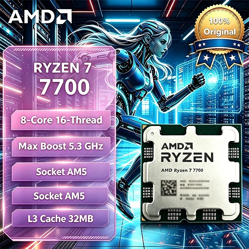 AMD | AMD Ryzen 7 R7 7700 CPU 5.3GHz 8-Core 16-Thread 40MB Cache 5NM Socket AM5 Gaming Processor wit