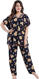 Women's Kaftan Rayon Night Suit (Full Pant) 2 Piece 1048, Navy Blue, L - BUST44