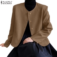 ZANZEA Women Korean Round Neck Long Sleeves Button Down Front Blazer