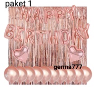 Paket Hemat Dekorasi Ulang Tahun Tirai Pink Hitam Gold & Balon HAPPY BIRTHDAY / Set Ultah Simple Ana