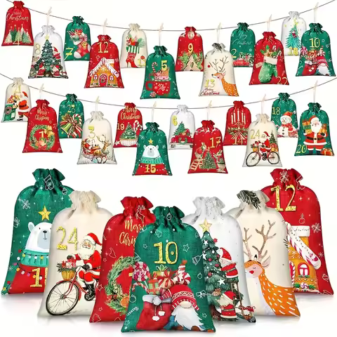 24Pcs Brand New Christmas Advent Calendar Party Drawstring Gift Bags, Featuring Christmas Elements a