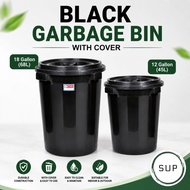 Black Garbage Bin with Cover / Pail with Cover / Dustbin / Tong Sampah