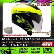 SET KOMBO TOPI KELEDAR GIVI JET HELMET M30.3 D-VISOR GRAPHIC ECHO NEON YELLOW + TINTED VISOR SIZE: S 55CM JPJ APPROVED