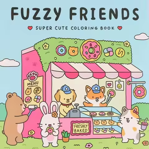 FUZZY FRIENDS Adult Coloring Book - Adorable Creatures in Cozy Hygge Moments for Relaxation Cute Com