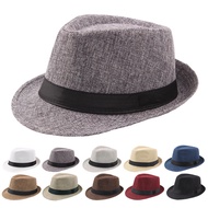 CL-Men Solid Color Wide Brim Fedora Felt Hat Panama Cap Boater Summer Beach  Sunhat