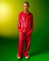 桃紅植絨花雪紡襯衫