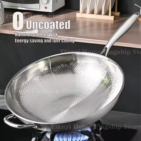 32/34cm Titanium Stainless Steel Frying Pan Non-stick Wok Home Egg Steak Skillet Induction Gas Stove