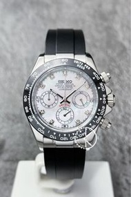 【定制】Seiko Mod Quartz Chronograph Watch 40mm 白貝母鑽石面膠帶地通拿 精工改裝石英計時鋼錶