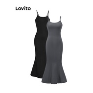 Lovito Casual Dress Plain Fishtail Adjustable Buckle Slim Fit Dress for Women L36AD011 (Multi-color)
