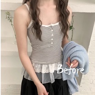Two Layers Lace Trim Bra Women's Slim Fit Top Sweet Style BF Striped Vest