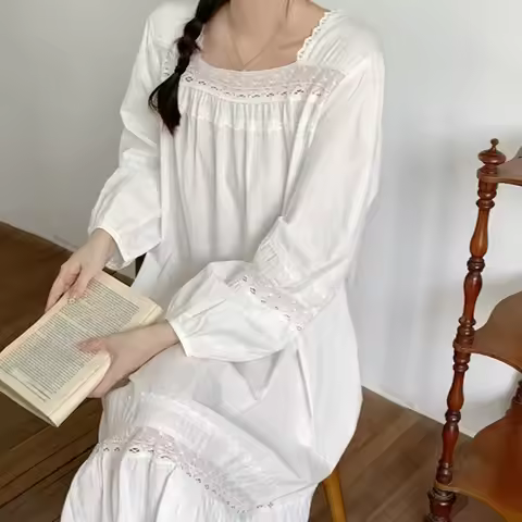 Sweet Girls French Retro Long Cotton Sleepwear for Women Autumn Sweet Princess Vintage Home Wear Sle