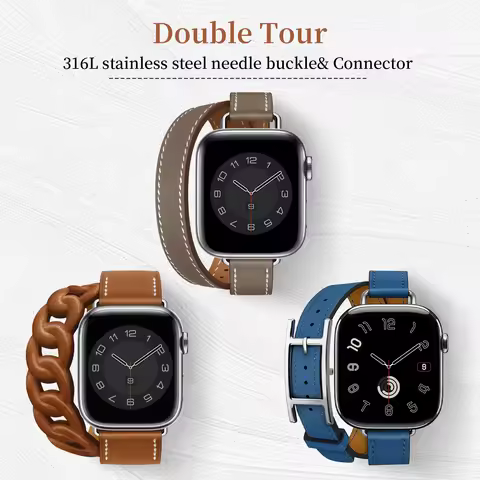 2025 New High Quality Soft Double Tour Cowhide Leather Strap for New Iwatch Ultra 3 2 Apple Watch 11
