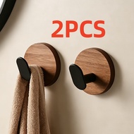 2-Pack Round Walnut Wood Hooks Walnut Wood No-Drill Hooks Strong Adhesive Wall-Mounted Hooks Door Ba