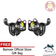 BAMOER ของแท้925เงินสเตอร์ลิงดวงจันทร์ลูกแมวสีดำแฟชั่นสำหรับผู้หญิงต่างหูตุ้มหูเครื่องประดับ SCE1584