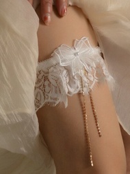1入組白色女士花邊雙層蝴蝶結金鏈鑽石新娘襪帶彈性帶,優雅、迷人、性感的婚禮配飾,適用於派對、晚餐和新娘穿著