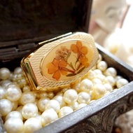 金色乾花圖案迷你鏡盒藥丸盒耳環盒日本中古高級水晶古著珠寶首飾