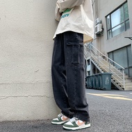 ผู้ชายวินเทจStreetwearกางเกงยีนส์กางเกงยีนส์กลางเอวซิปหลวมขาตรงกระเป๋าInsกางเกงลําลองสําหรับฤดูใบไม้