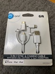 全新三合一叉電線charge cable iPhone iPad iPod