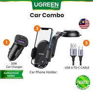 【CAR COMBO】UGREEN Car Phone Holder Dashboard Windscreen & 30W Car Charger & USB A to C Cable Apple C