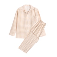 MUJI Muji ชุดนอนผ้าฝ้ายสำหรับทั้งหญิงและชายสองชั้นผ้าฝ้ายไม่ตะเข็บด้านข้างใหม่คนรักกางเกงแขนยาวเสื้อ