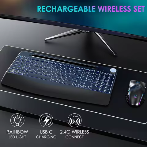 7 Colors Backlit Keyboard With Slot and Wrist Rest Volume Knob Keyboard Jiggle Mouse Set,Full Size R