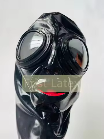 Handmade Black Exotic Lingerie Unisex Latex Hood Mask Fetish with Red Teeth Gag and Nasal Tubes With