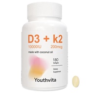 Youthvita Vitamin D3 K2 Supplement Softgel with Coconut Oil, D3 10000 IU K2 200 mcg, 180 Softgels