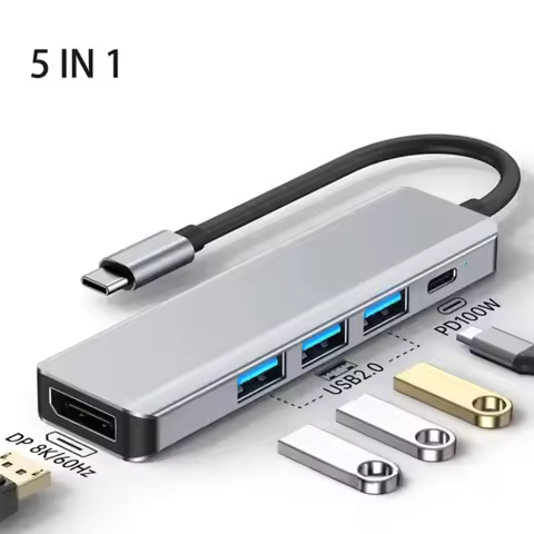 USB-C to DP 8K@60Hz / 4K@120Hz Adapter 100W PD Fast Charging 3-Port USB 2.0 Hub 5-in-1 Portable Type