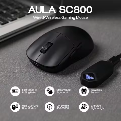 AULA SC800 Gaming Mouse USB-C Wired/2.4G 37g Lightweight 8K Paw3395 Sensor Customized Mice PC E-Spor
