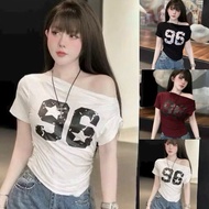 OFF SHOULDER T-SHIRT PRINTED WITH NUMBER 96, SUPER BEAUTIFUL PERSONALITY, SUPER COOL T-SHIRT HU 96