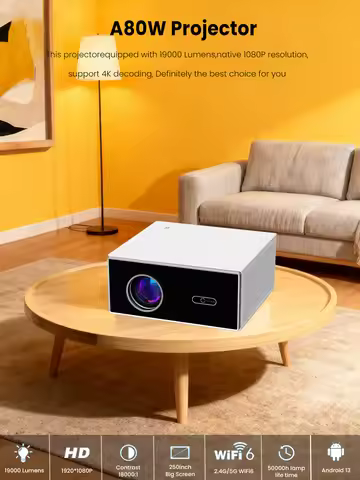 Yovanxer A80W Android 13 Projector 2G+32G Wi-Fi 6 1080P Native Beam Projector Support 4K/3D for Home