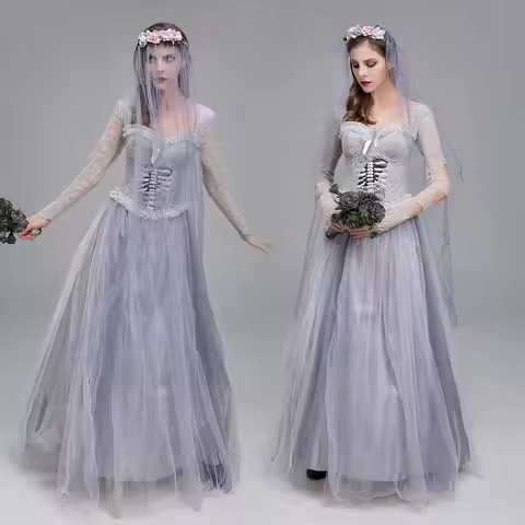Ladies Ghost Bride Halloween Cosplay Clothes Corpse Bride Corset Dress and Veil Carnival Outfit Lady