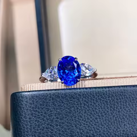Solid 18K White Gold Rings Lady 3CT 7X9mm Oval Shape Sapphire Diamond Wedding Rings For Women Beauti