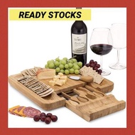 Cheese Board with  Cutlery In Slide-Out Drawer Including 4 Stainless Steel Serving Utensils