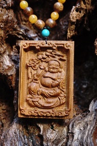 彌勒佛木製吊墜 天然金絲楠木項鏈