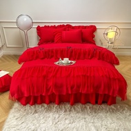 DANSUNREVE Wedding Red Series Bedskirt Bedding Set Bedsheet Set Queen/King Bed Sheet Set Princess St