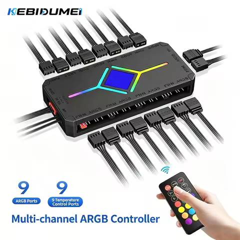 KEBIDUMEI 1 to 9 Port ARGB PWM Fan Hub Adapter with ARGB Controller 5V 3 Pin Cooling Fan Hub Splitte