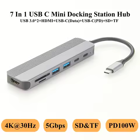 USB C Hub 7 In 1 MultiPort Adapter with 4K HD, 100WPD, 5Gbps USB-C, 2 USB 3.0 Ports, SD/TF Card Read