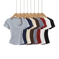 Slim Short Sleeve T-Shirt with Square Collar - Basic Crop Top in 8 Colors