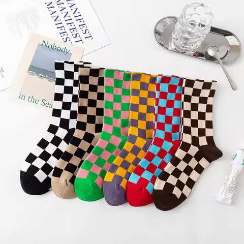 Korea Funky Harajuku Trend Women Checkerboard Socks Geometric Checkered Socks Men Hip Hop Cotton Uni