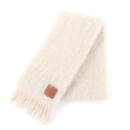 全新 ★ LOEWE 28003861 馬海毛和羊毛混紡圍巾，飾有 Anagram 皮革貼片和流蘇，象牙色，西班牙製造，正品，女士款。