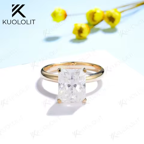 Kuololit 4CT Radiant Cut Moissanite Diamond Rings for Women Solid 18K 14K Yellow Gold Classic Solita