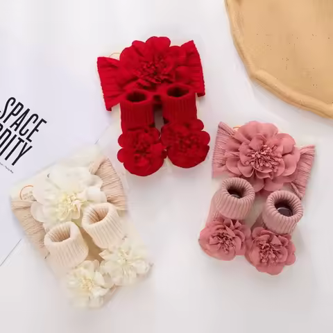 3Pcs/Set Fashion Lace Flower Baby Headband Socks Set Elastic Anti Slip Hair Bands Cotton Socks 0-12M